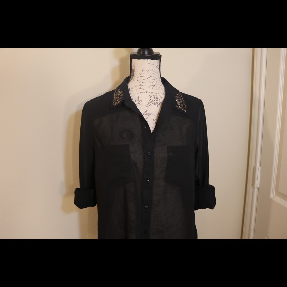 New W Tags mesh button down sheer collar blouse M